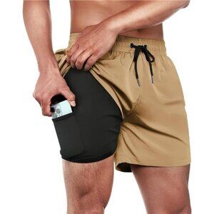 Mens Swim Trunks Quick Dry 5 inch Inseam Beach Shorts with Compression Liner